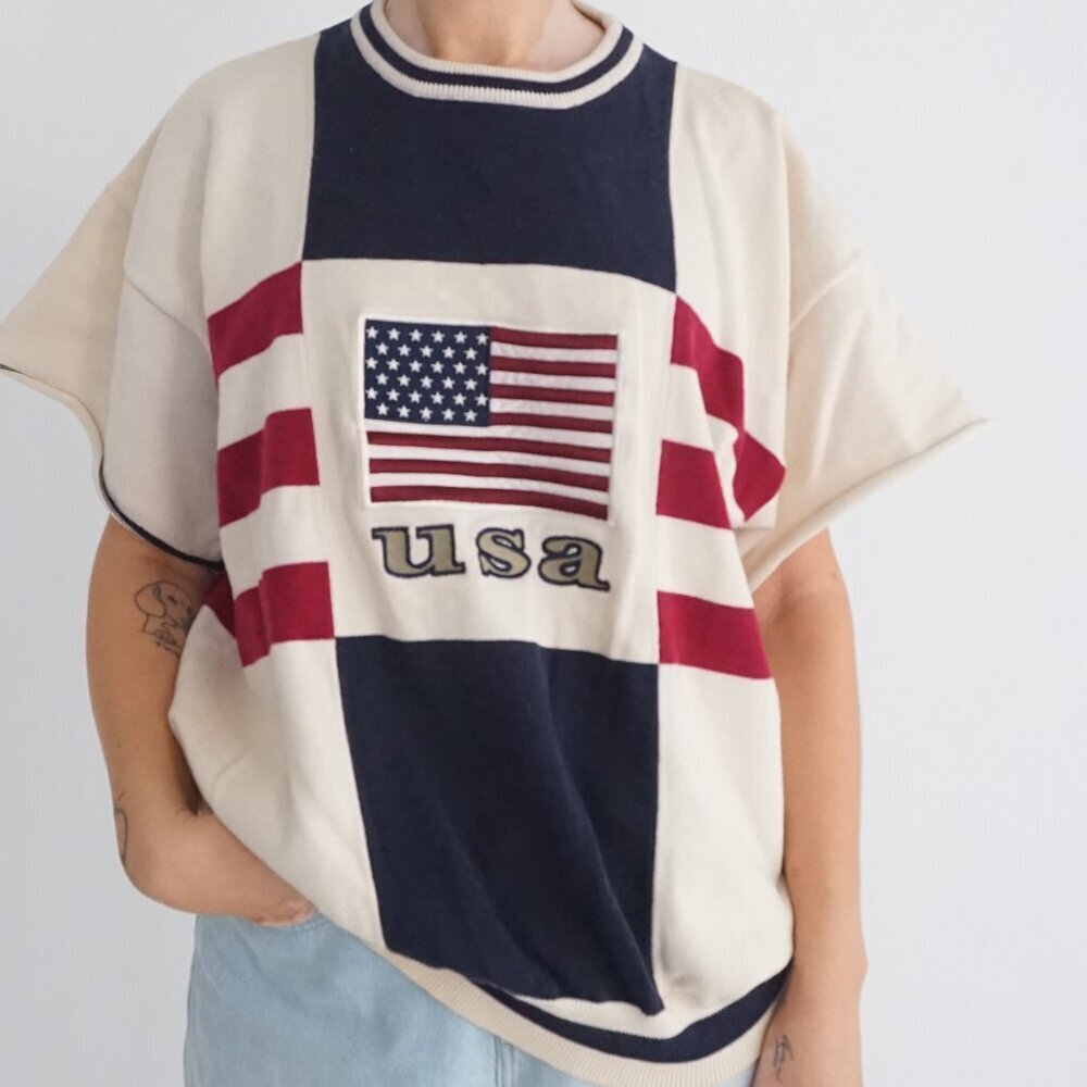 Vintage Cream USA Flag Patriotic American Stars Stripes 100% Cotton Sweater L